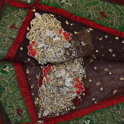 Indian Vintage Heavy Brown Dupatta Net Mesh Long Stole Hand Embroidered Scarves Golden Zardozi Dabka Zari Stole