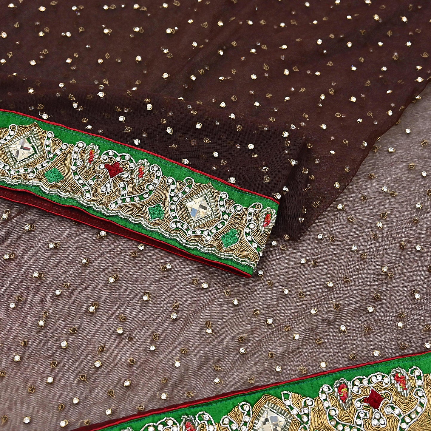 Indian Vintage Heavy Brown Dupatta Net Mesh Long Stole Hand Embroidered Scarves Golden Zardozi Dabka Zari Stole