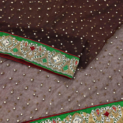 Indian Vintage Heavy Brown Dupatta Net Mesh Long Stole Hand Embroidered Scarves Golden Zardozi Dabka Zari Stole