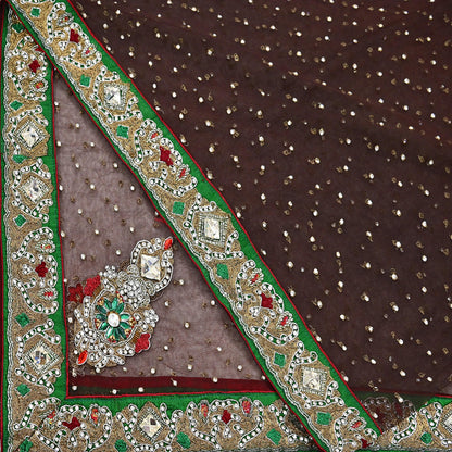 Indian Vintage Heavy Brown Dupatta Net Mesh Long Stole Hand Embroidered Scarves Golden Zardozi Dabka Zari Stole