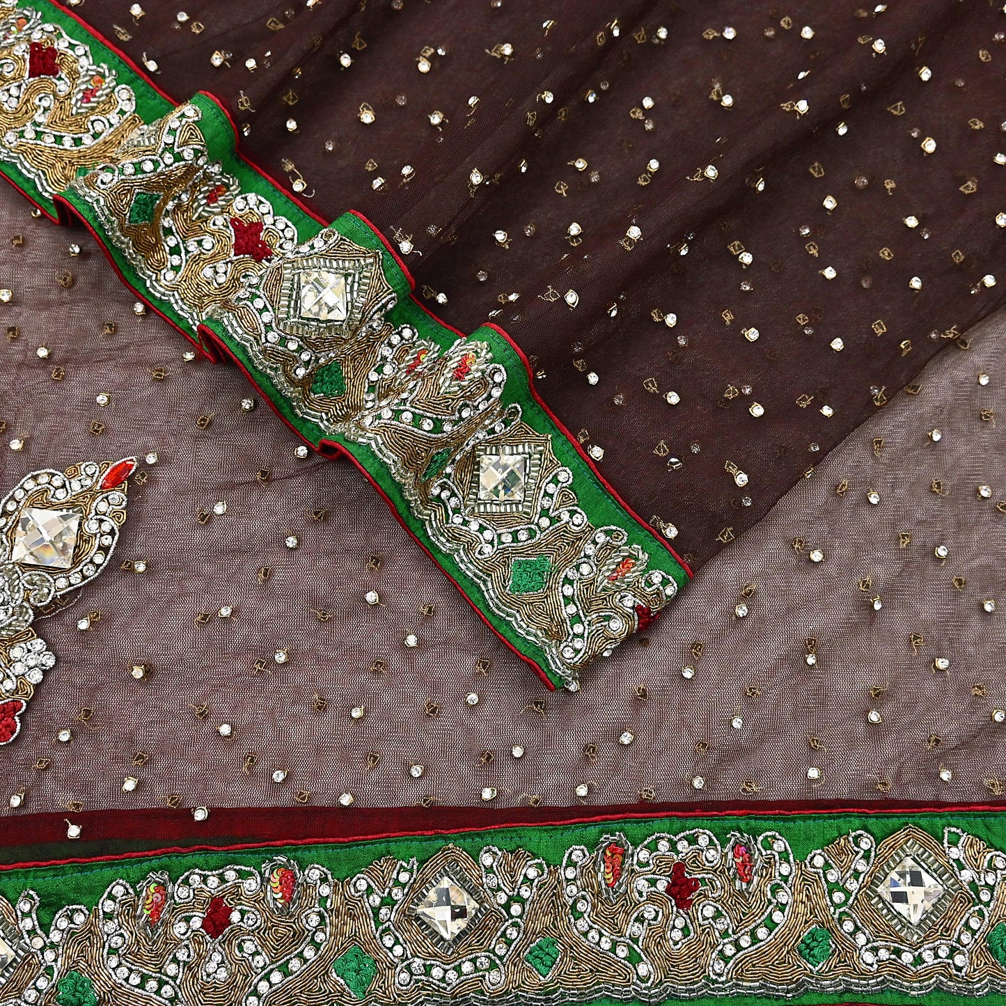 Indian Vintage Heavy Brown Dupatta Net Mesh Long Stole Hand Embroidered Scarves Golden Zardozi Dabka Zari Stole