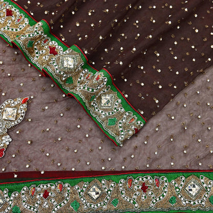 Indian Vintage Heavy Brown Dupatta Net Mesh Long Stole Hand Embroidered Scarves Golden Zardozi Dabka Zari Stole
