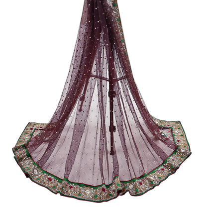 Indian Vintage Heavy Brown Dupatta Net Mesh Long Stole Hand Embroidered Scarves Golden Zardozi Dabka Zari Stole