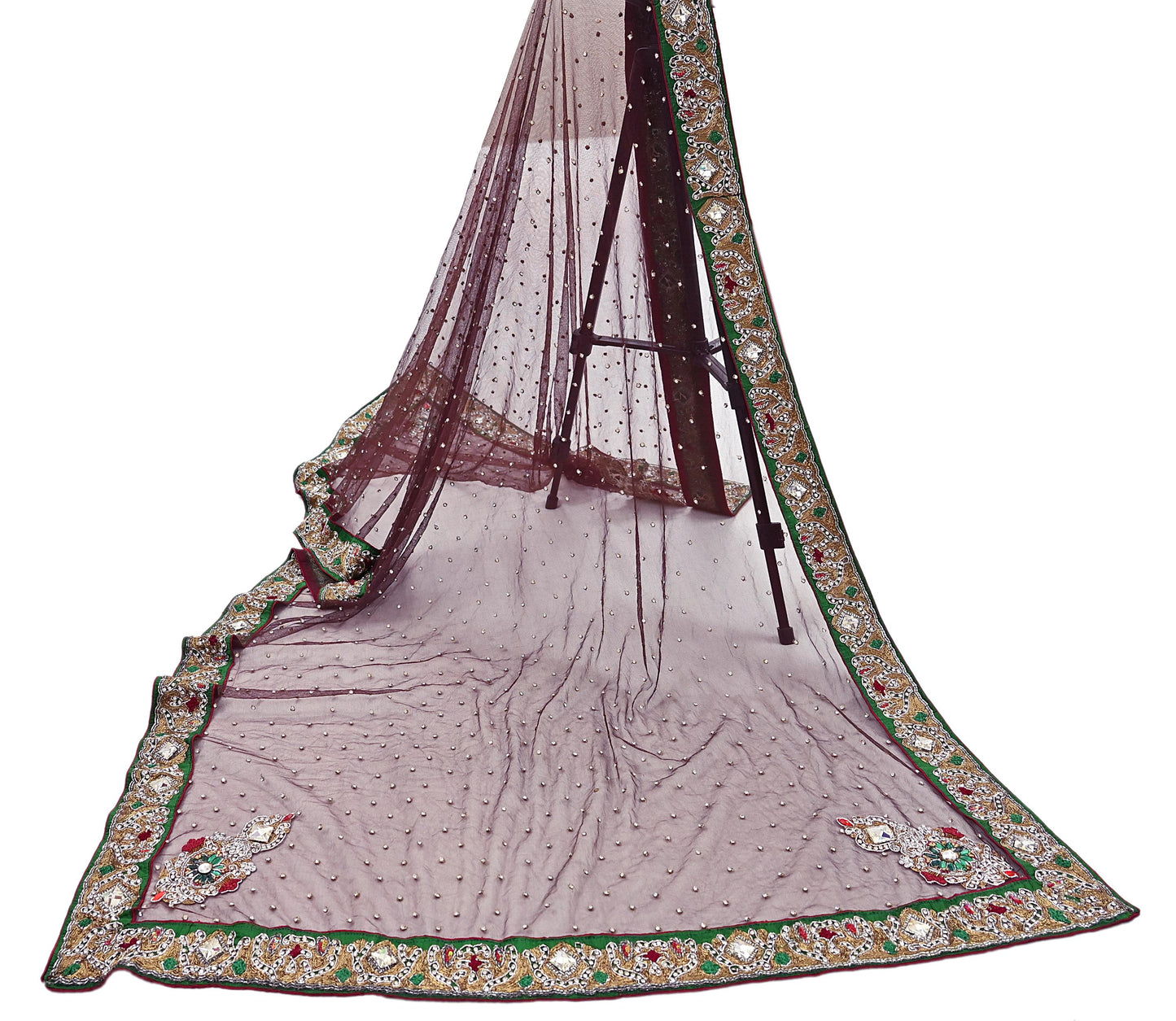 Indian Vintage Heavy Brown Dupatta Net Mesh Long Stole Hand Embroidered Scarves Golden Zardozi Dabka Zari Stole