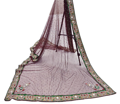 Indian Vintage Heavy Brown Dupatta Net Mesh Long Stole Hand Embroidered Scarves Golden Zardozi Dabka Zari Stole