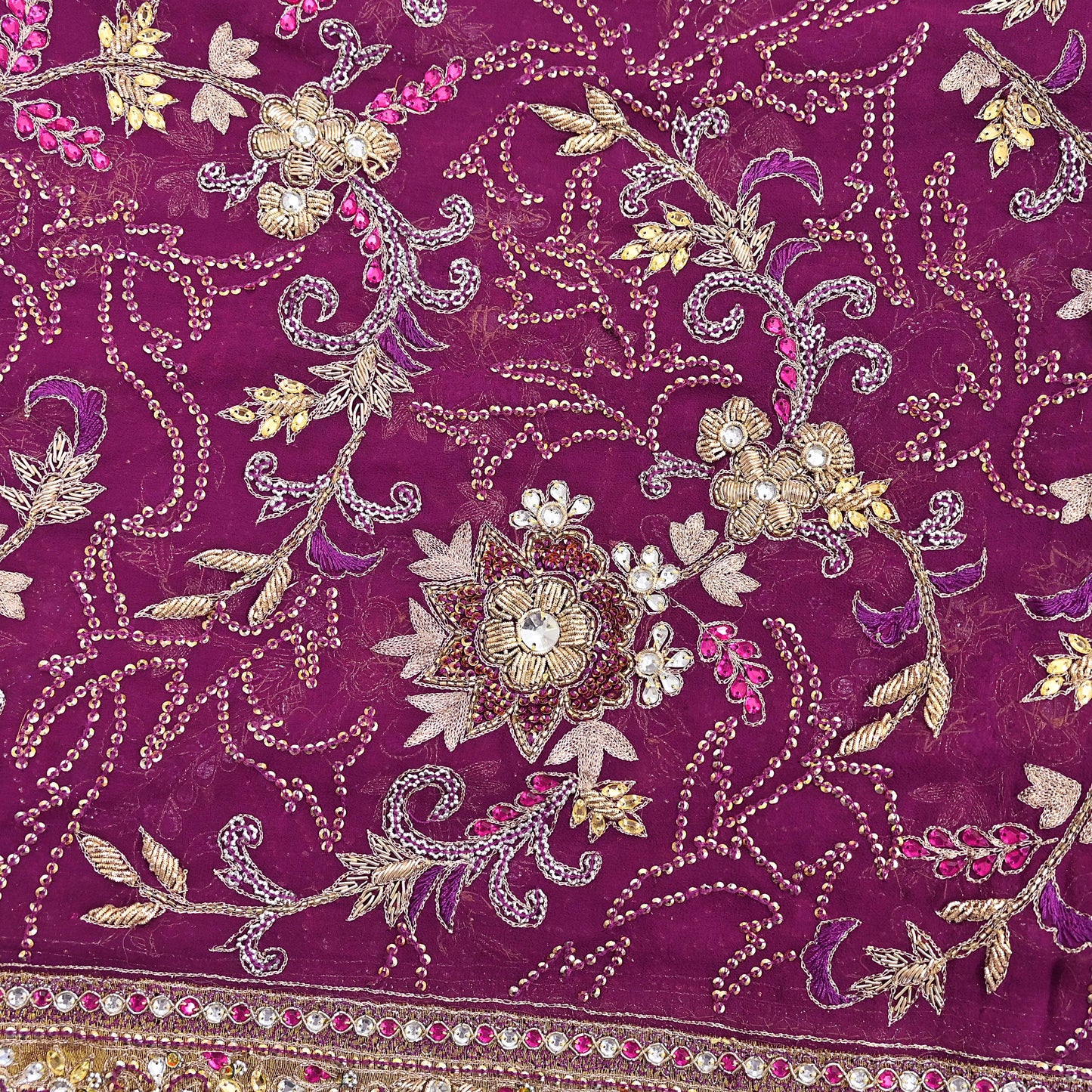 Indian Vintage Heavy Purple Dupatta Pure Georgette Silk Long Stole Hand Embroidered Scarf Zari Zardozi
