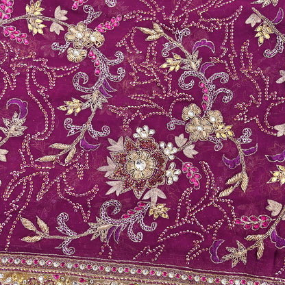 Indian Vintage Heavy Purple Dupatta Pure Georgette Silk Long Stole Hand Embroidered Scarf Zari Zardozi