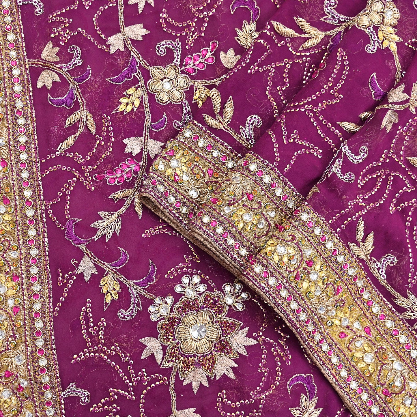 Indian Vintage Heavy Purple Dupatta Pure Georgette Silk Long Stole Hand Embroidered Scarf Zari Zardozi