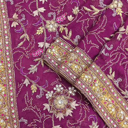Indian Vintage Heavy Purple Dupatta Pure Georgette Silk Long Stole Hand Embroidered Scarf Zari Zardozi