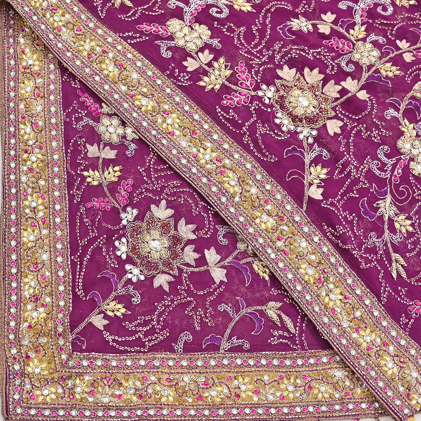 Indian Vintage Heavy Purple Dupatta Pure Georgette Silk Long Stole Hand Embroidered Scarf Zari Zardozi