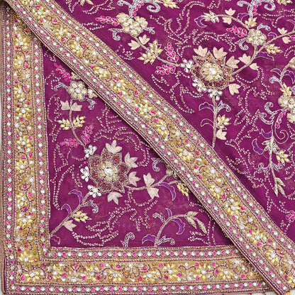 Indian Vintage Heavy Purple Dupatta Pure Georgette Silk Long Stole Hand Embroidered Scarf Zari Zardozi