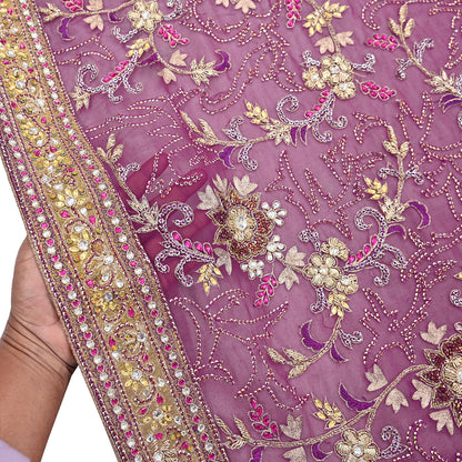 Indian Vintage Heavy Purple Dupatta Pure Georgette Silk Long Stole Hand Embroidered Scarf Zari Zardozi
