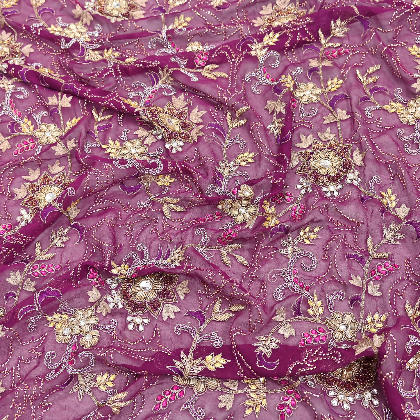 Indian Vintage Heavy Purple Dupatta Pure Georgette Silk Long Stole Hand Embroidered Scarf Zari Zardozi
