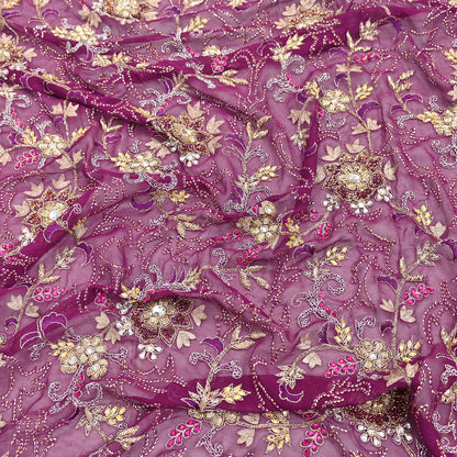 Indian Vintage Heavy Purple Dupatta Pure Georgette Silk Long Stole Hand Embroidered Scarf Zari Zardozi