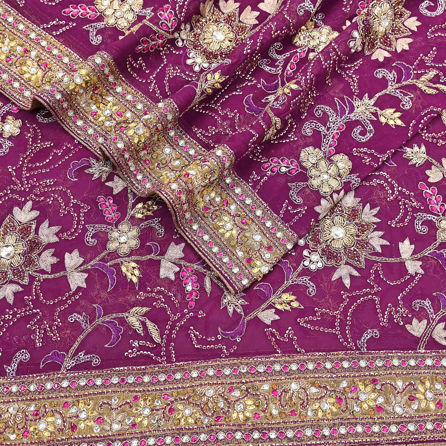 Indian Vintage Heavy Purple Dupatta Pure Georgette Silk Long Stole Hand Embroidered Scarf Zari Zardozi