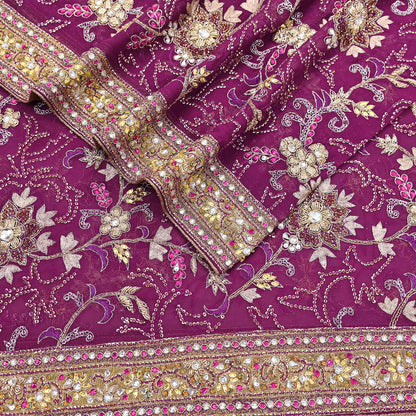 Indian Vintage Heavy Purple Dupatta Pure Georgette Silk Long Stole Hand Embroidered Scarf Zari Zardozi