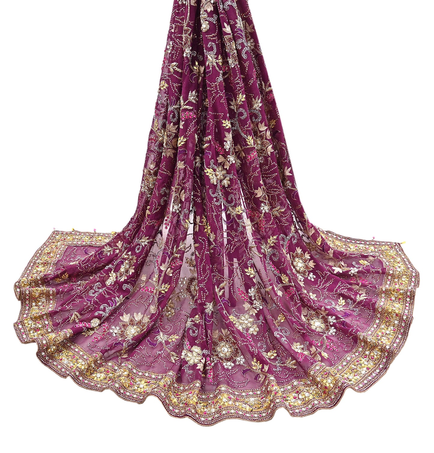 Indian Vintage Heavy Purple Dupatta Pure Georgette Silk Long Stole Hand Embroidered Scarf Zari Zardozi