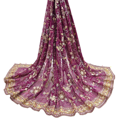 Indian Vintage Heavy Purple Dupatta Pure Georgette Silk Long Stole Hand Embroidered Scarf Zari Zardozi