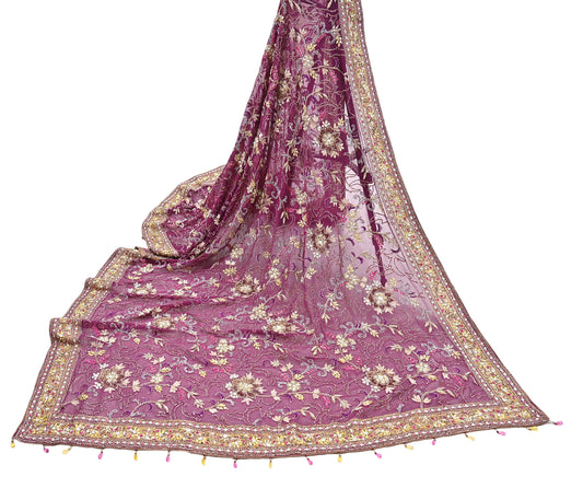 Indian Vintage Heavy Purple Dupatta Pure Georgette Silk Long Stole Hand Embroidered Scarf Zari Zardozi