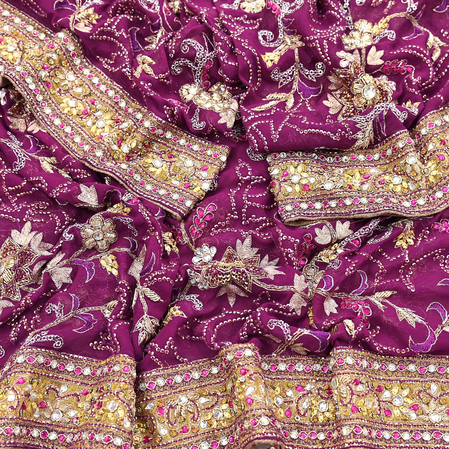 Indian Vintage Heavy Purple Dupatta Pure Georgette Silk Long Stole Hand Embroidered Scarf Zari Zardozi
