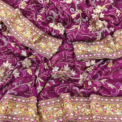 Indian Vintage Heavy Purple Dupatta Pure Georgette Silk Long Stole Hand Embroidered Scarf Zari Zardozi