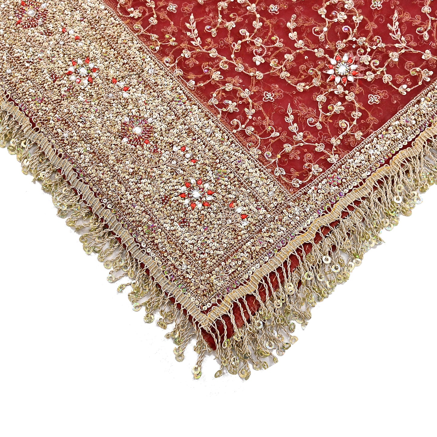 Indian Vintage Heavy Bridal Red Dupatta Net Mesh Long Stole Hand Embroidered Scarves Zardozi Dabka Zari Wedding dupatta veil hijab