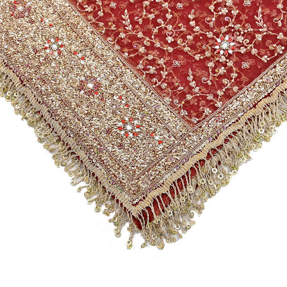 Indian Vintage Heavy Bridal Red Dupatta Net Mesh Long Stole Hand Embroidered Scarves Zardozi Dabka Zari Wedding dupatta veil hijab