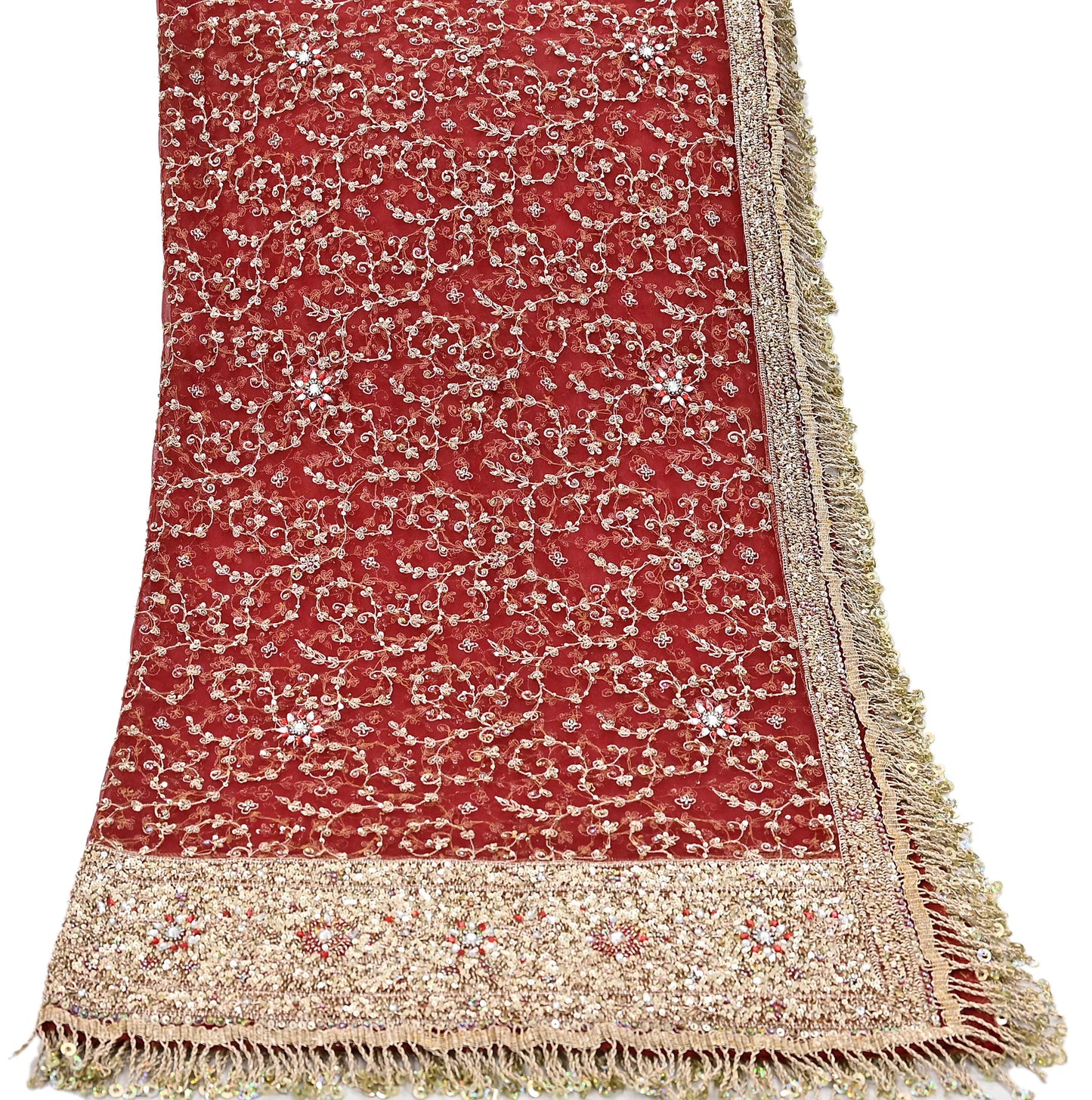 Indian Vintage Heavy Bridal Red Dupatta Net Mesh Long Stole Hand Embroidered Scarves Zardozi Dabka Zari Wedding dupatta veil hijab