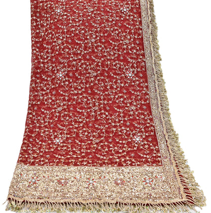 Indian Vintage Heavy Bridal Red Dupatta Net Mesh Long Stole Hand Embroidered Scarves Zardozi Dabka Zari Wedding dupatta veil hijab