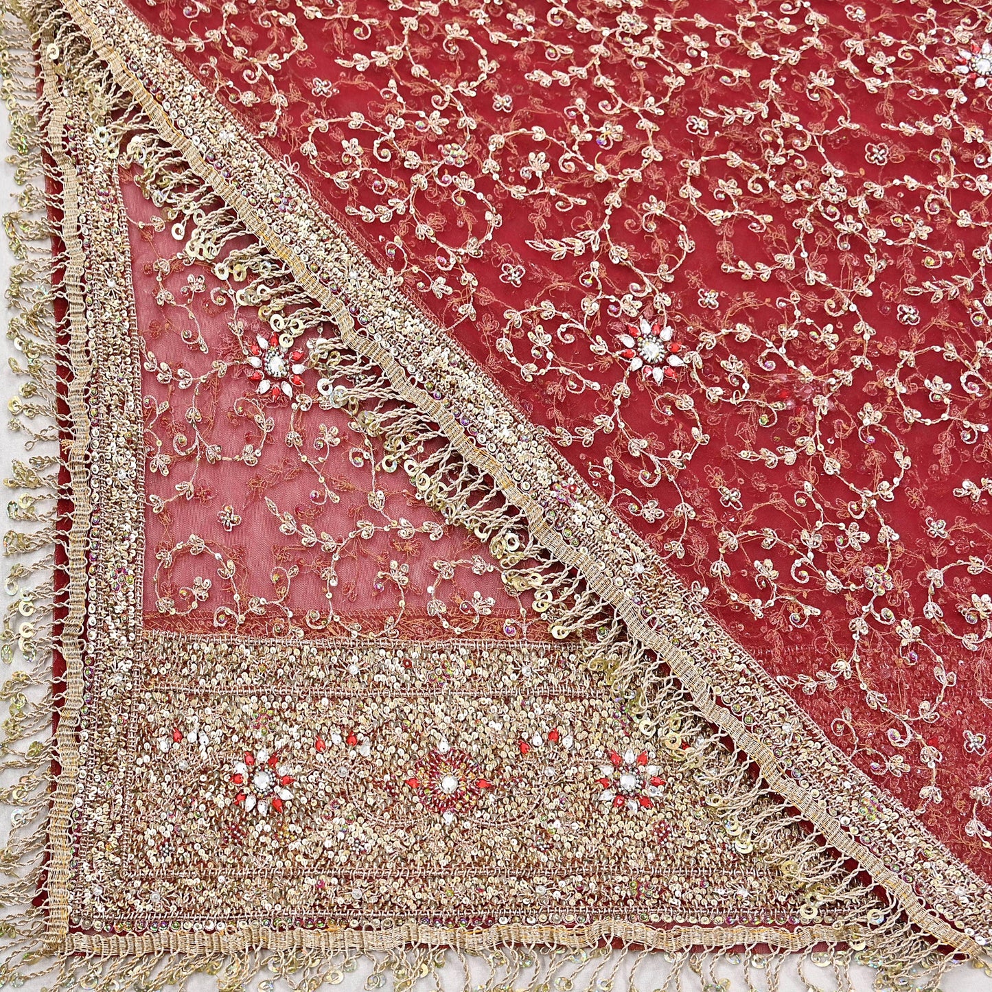Indian Vintage Heavy Bridal Red Dupatta Net Mesh Long Stole Hand Embroidered Scarves Zardozi Dabka Zari Wedding dupatta veil hijab