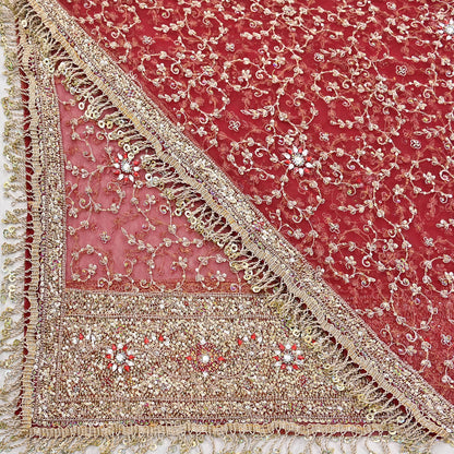 Indian Vintage Heavy Bridal Red Dupatta Net Mesh Long Stole Hand Embroidered Scarves Zardozi Dabka Zari Wedding dupatta veil hijab