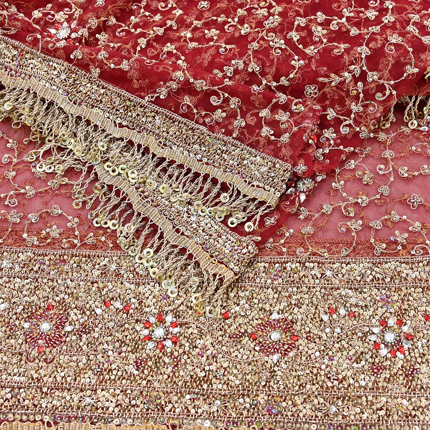 Indian Vintage Heavy Bridal Red Dupatta Net Mesh Long Stole Hand Embroidered Scarves Zardozi Dabka Zari Wedding dupatta veil hijab