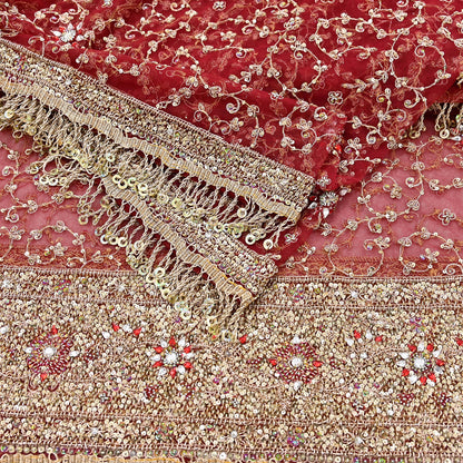 Indian Vintage Heavy Bridal Red Dupatta Net Mesh Long Stole Hand Embroidered Scarves Zardozi Dabka Zari Wedding dupatta veil hijab