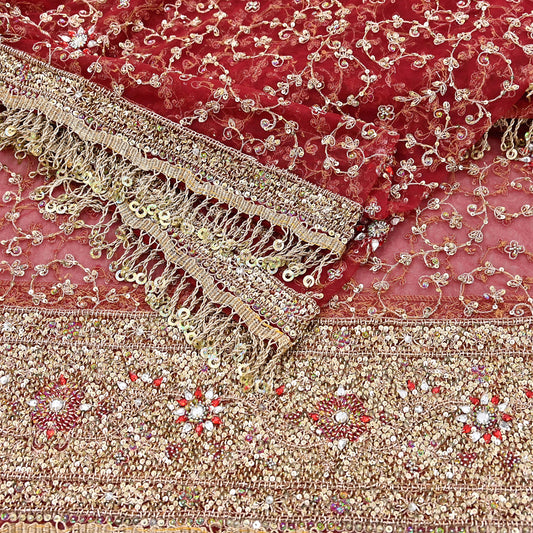 Indian Vintage Heavy Bridal Red Dupatta Net Mesh Long Stole Hand Embroidered Scarves Zardozi Dabka Zari Wedding dupatta veil hijab