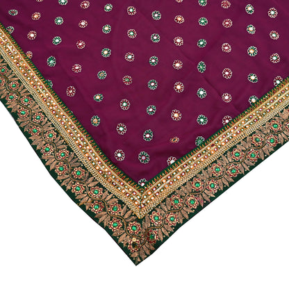 Indian Vintage Heavy Sari Maroon Pure Georgette Silk Hand Embroidered Sarees Craft Fabric 5Yd Sewing Ethnic Bollywood saree Dress making