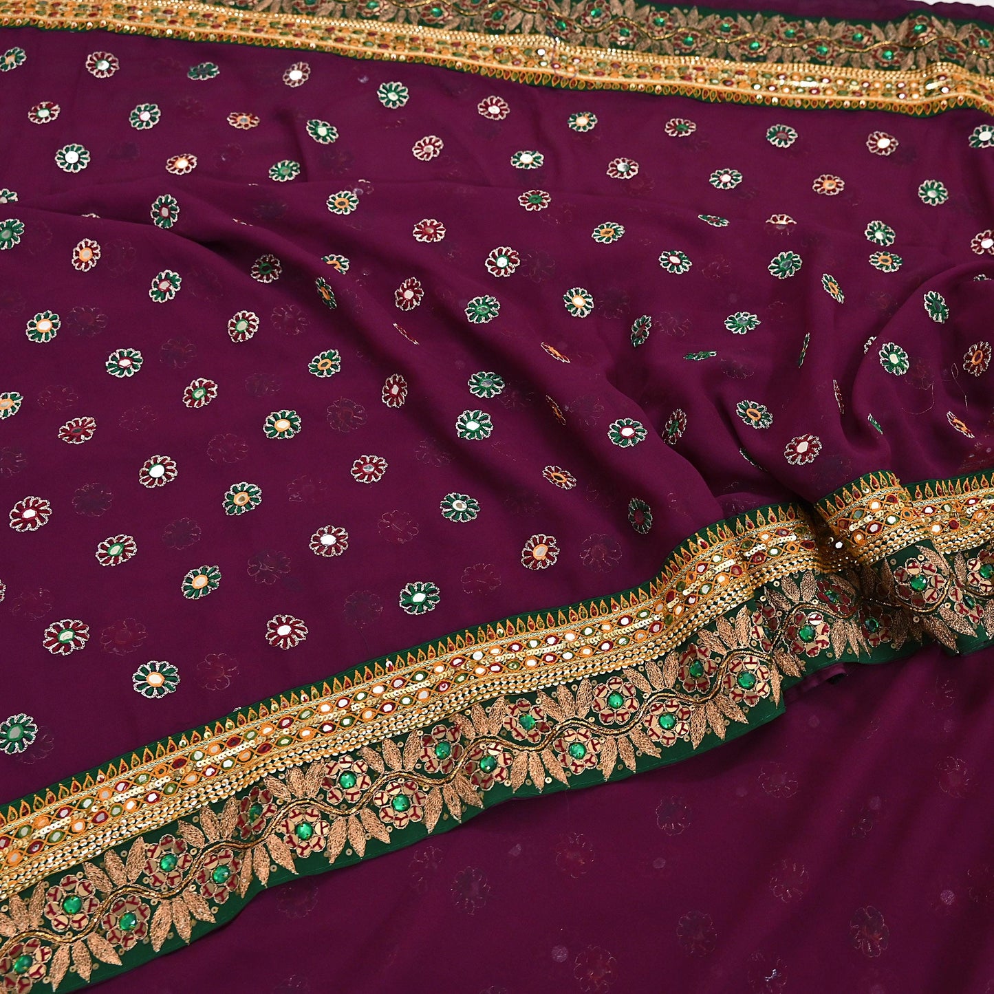 Indian Vintage Heavy Sari Maroon Pure Georgette Silk Hand Embroidered Sarees Craft Fabric 5Yd Sewing Ethnic Bollywood saree Dress making