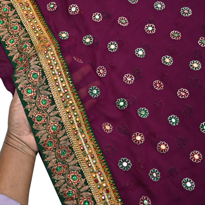 Indian Vintage Heavy Sari Maroon Pure Georgette Silk Hand Embroidered Sarees Craft Fabric 5Yd Sewing Ethnic Bollywood saree Dress making