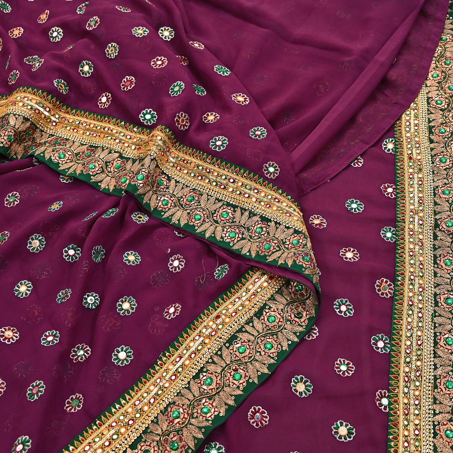 Indian Vintage Heavy Sari Maroon Pure Georgette Silk Hand Embroidered Sarees Craft Fabric 5Yd Sewing Ethnic Bollywood saree Dress making