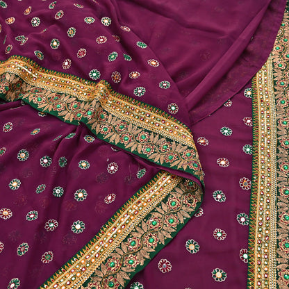 Indian Vintage Heavy Sari Maroon Pure Georgette Silk Hand Embroidered Sarees Craft Fabric 5Yd Sewing Ethnic Bollywood saree Dress making