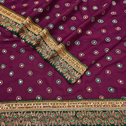 Indian Vintage Heavy Sari Maroon Pure Georgette Silk Hand Embroidered Sarees Craft Fabric 5Yd Sewing Ethnic Bollywood saree Dress making