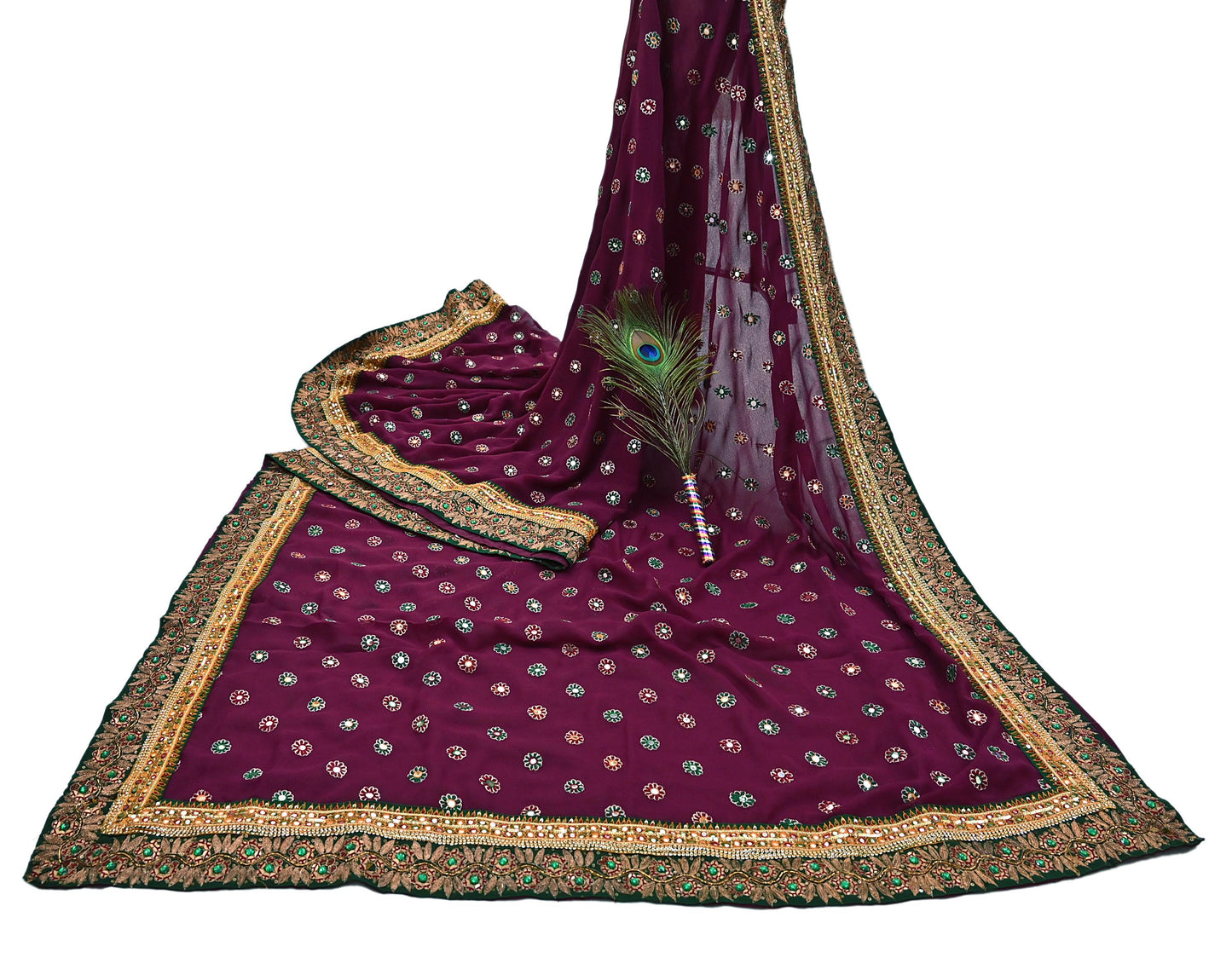 Indian Vintage Heavy Sari Maroon Pure Georgette Silk Hand Embroidered Sarees Craft Fabric 5Yd Sewing Ethnic Bollywood saree Dress making