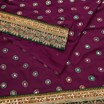 Indian Vintage Heavy Sari Maroon Pure Georgette Silk Hand Embroidered Sarees Craft Fabric 5Yd Sewing Ethnic Bollywood saree Dress making