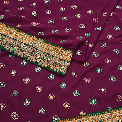 Indian Vintage Heavy Sari Maroon Pure Georgette Silk Hand Embroidered Sarees Craft Fabric 5Yd Sewing Ethnic Bollywood saree Dress making