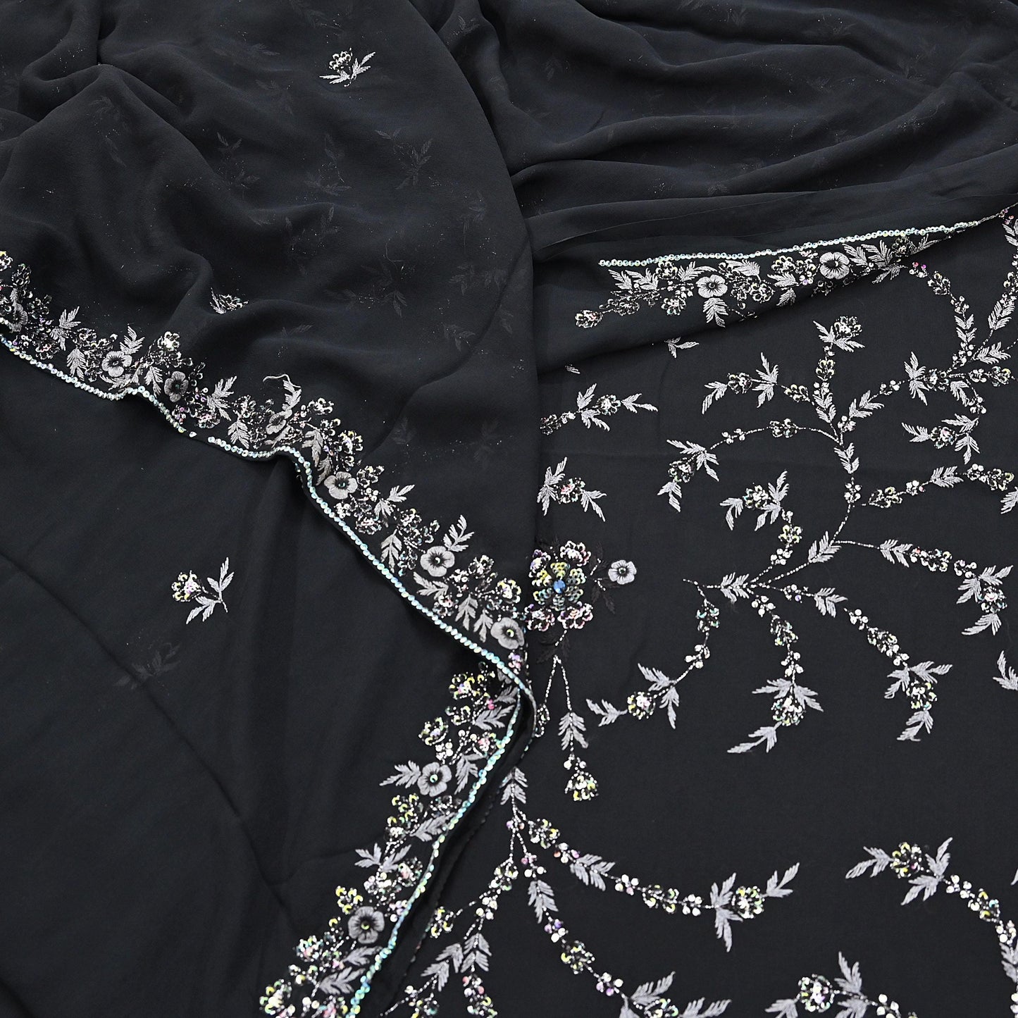 Indian Vintage Heavy Sari Black Pure Georgette Silk Hand Beaded Sarees Craft Fabric 5Yd Sewing Soft Ethnic Wedding Dress making