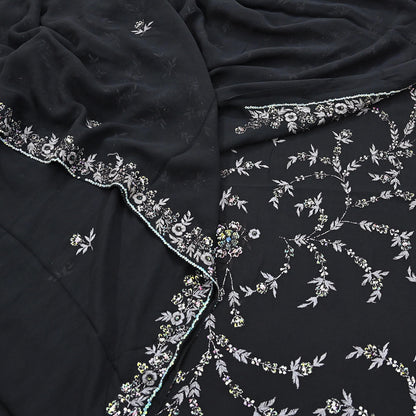 Indian Vintage Heavy Sari Black Pure Georgette Silk Hand Beaded Sarees Craft Fabric 5Yd Sewing Soft Ethnic Wedding Dress making