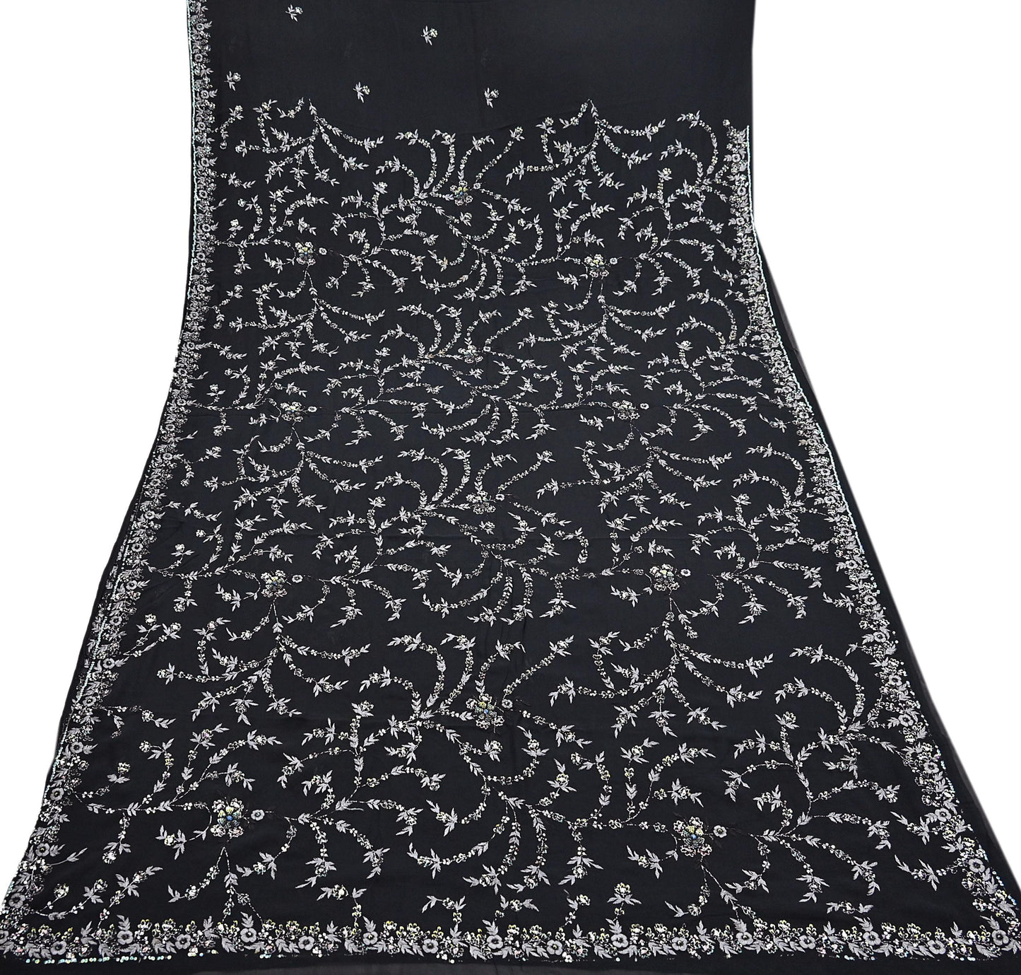 Indian Vintage Heavy Sari Black Pure Georgette Silk Hand Beaded Sarees Craft Fabric 5Yd Sewing Soft Ethnic Wedding Dress making