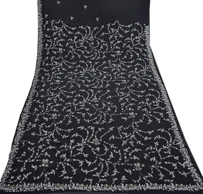 Indian Vintage Heavy Sari Black Pure Georgette Silk Hand Beaded Sarees Craft Fabric 5Yd Sewing Soft Ethnic Wedding Dress making