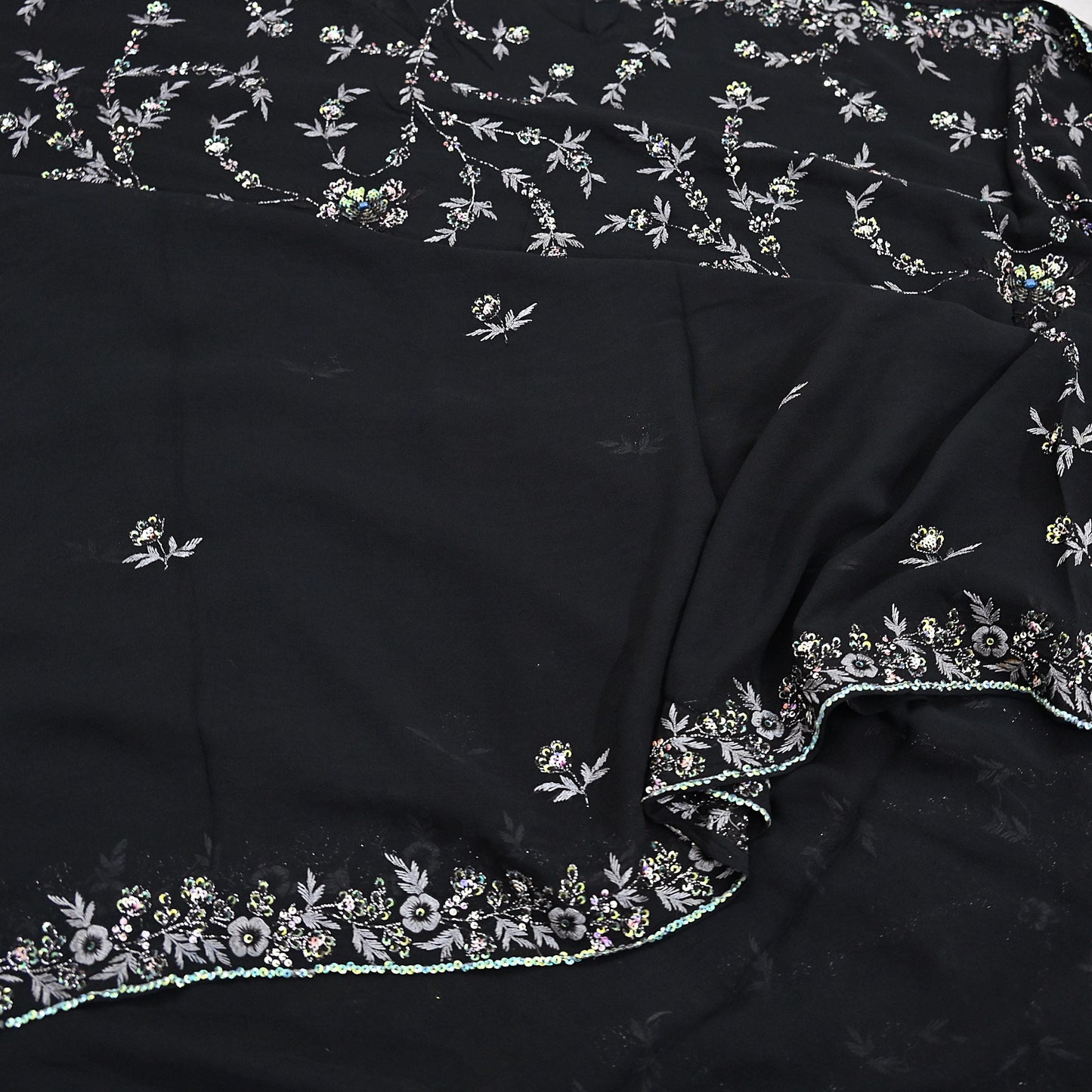 Indian Vintage Heavy Sari Black Pure Georgette Silk Hand Beaded Sarees Craft Fabric 5Yd Sewing Soft Ethnic Wedding Dress making