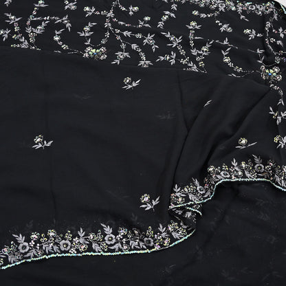 Indian Vintage Heavy Sari Black Pure Georgette Silk Hand Beaded Sarees Craft Fabric 5Yd Sewing Soft Ethnic Wedding Dress making