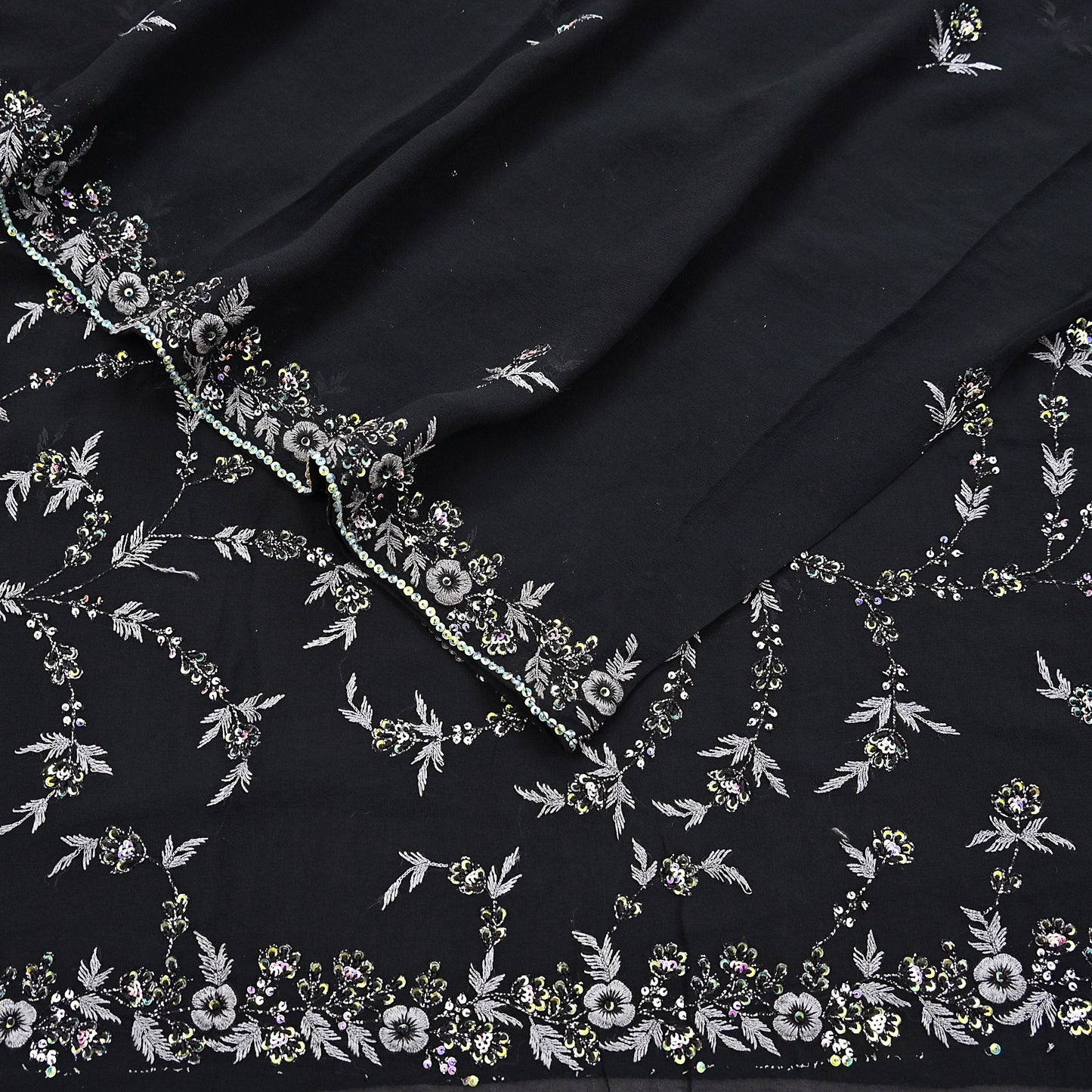 Indian Vintage Heavy Sari Black Pure Georgette Silk Hand Beaded Sarees Craft Fabric 5Yd Sewing Soft Ethnic Wedding Dress making